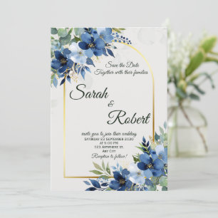 Blue Floral Gold Arch Wedding Save The Date Invitation