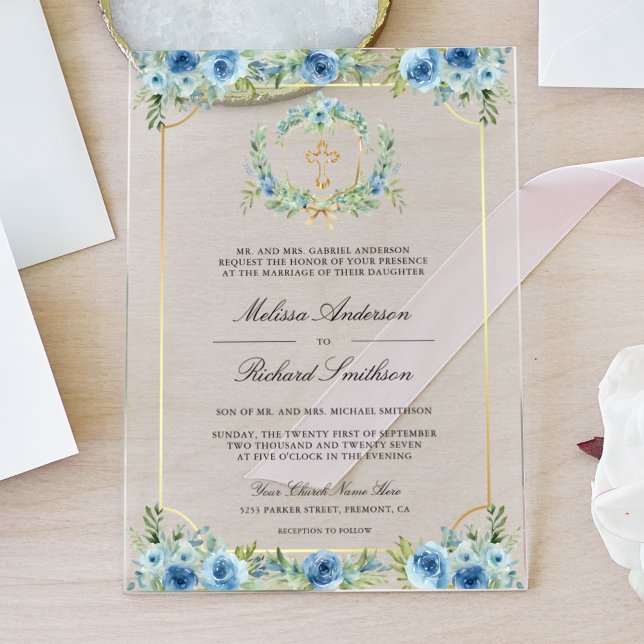 Blue Floral Gold Catholic Cross Wedding Acrylic Invitations (Creator Uploaded)