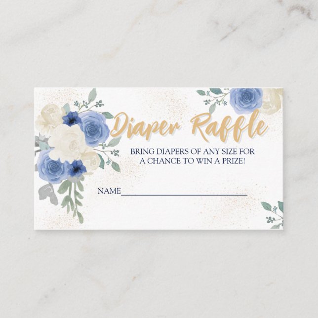 Blue Floral & Gold Diaper Raffle Enclosure Card (Front)