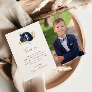 Blue Floral Gold First Communion Thank You Card