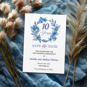 Blue Floral Gold Frame 10th Wedding Anniversary Save The Date