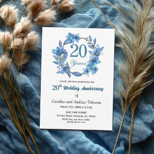  Blue Floral Gold Frame 20th Wedding Anniversary  Invitation