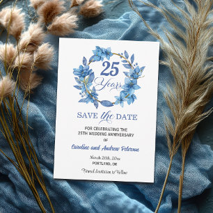 Blue Floral Gold Frame 25th Wedding Anniversary Save The Date