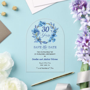 Blue Floral Gold Frame 30th Wedding Anniversary Acrylic Invitations