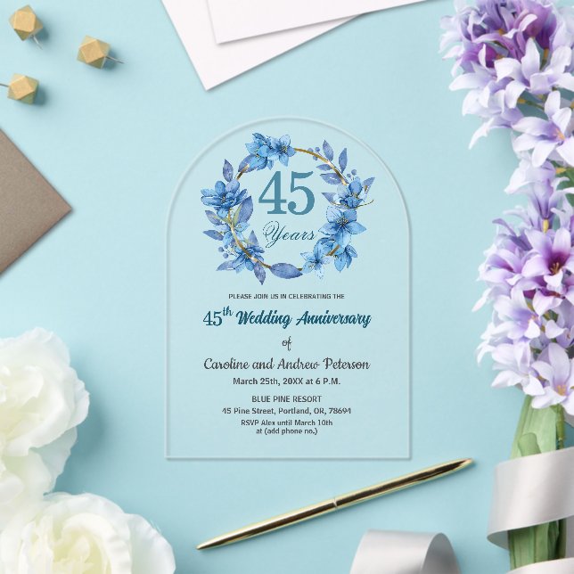  Blue Floral Gold Frame 45th Wedding Anniversary  Acrylic Invitations (Insitu (Wedding))