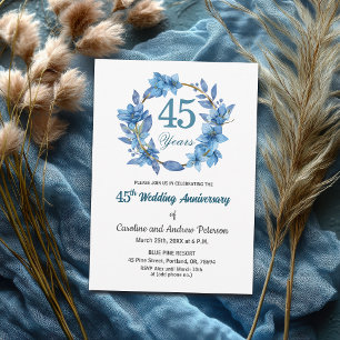  Blue Floral Gold Frame 45th Wedding Anniversary  Invitation