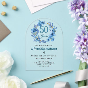 Blue Floral Gold Frame 50th Wedding Anniversary Acrylic Invitations