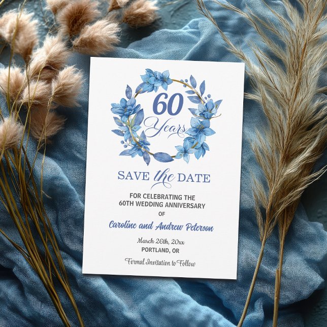 Blue Floral Gold Frame 60th Wedding Anniversary Save The Date (Creator Uploaded)