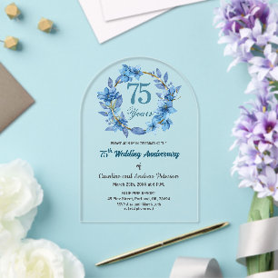 Blue Floral Gold Frame 75th Wedding Anniversary Acrylic Invitations