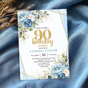 Blue Floral Gold Frame Elegant 90th Birthday Invitation