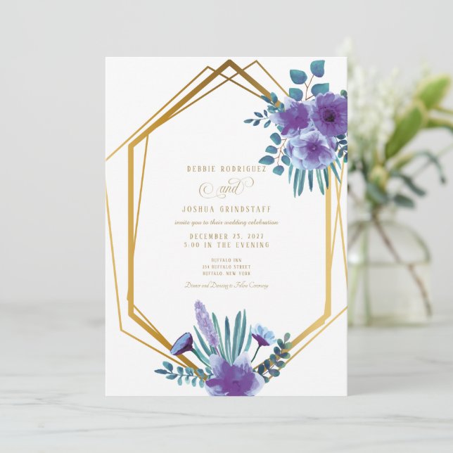 Blue Floral & Gold Frame Wedding Invitation  (Standing Front)