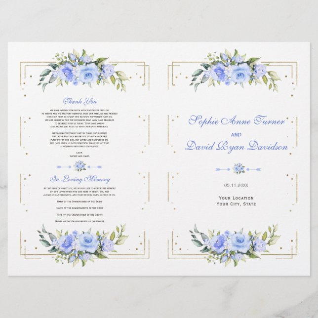Blue Floral Gold Glitter Frame Wedding Program (Front)