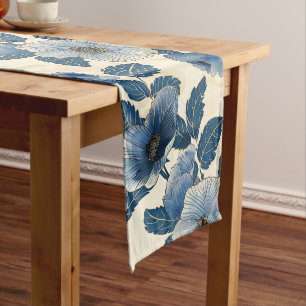 Blue Floral Gold Glitter Japanese Ukiyo-e Long Table Runner