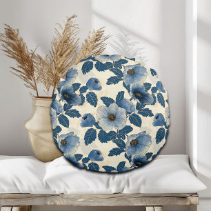 Blue Floral Gold Glitter Japanese Ukiyo-e Round Pillow