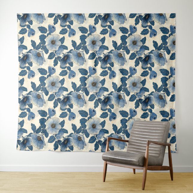 Blue Floral Gold Glitter Japanese Ukiyo-e Tapestry (In Situ (Horizontal))