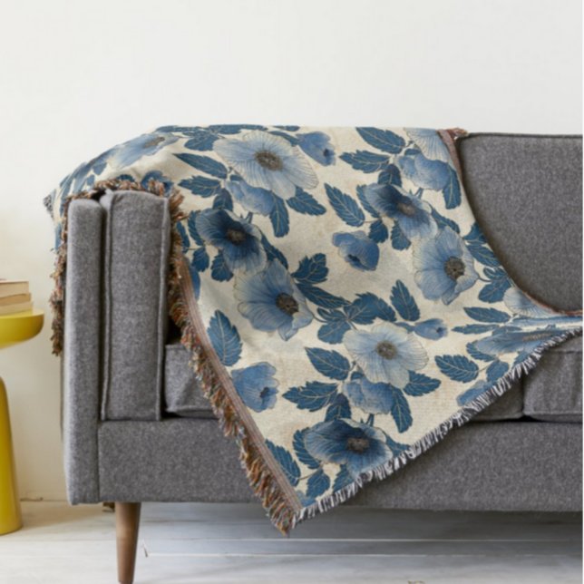 Blue Floral Gold Glitter Japanese Ukiyo-e Throw Blanket (Creator Uploaded)