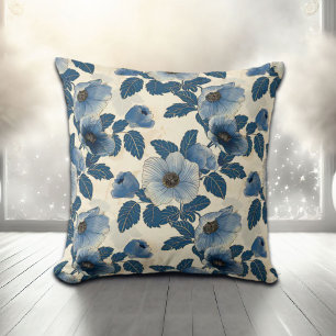 Blue Floral Gold Glitter Japanese Ukiyo-e Throw Pillow