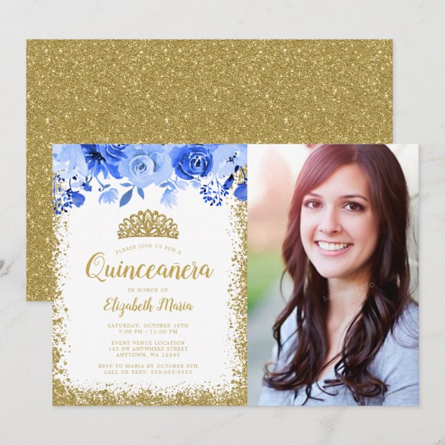 Blue Floral Gold Glitter Tiara Quinceane Photo Invitation (Front/Back)