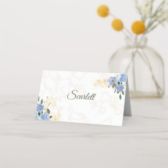 Blue Floral Gold Marble Folded Place Card (Front)