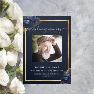Blue floral gold photo tri-fold funeral program announcement