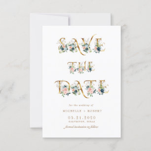 blue floral gold script Photo Save The Date Invitation