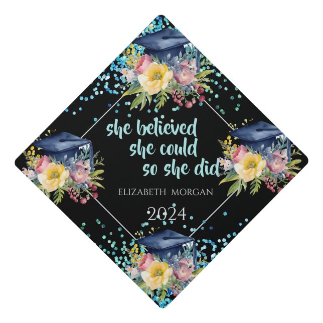 Blue Floral Graduation Cap,Confetti   Graduation Cap Topper (Front)