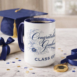 Blue Floral Graduation Script with Custom Year Mug