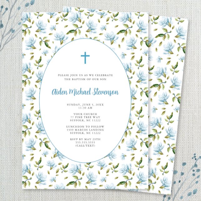 Blue Floral Grandmillenial baptism invitation (Créateur téléchargé)