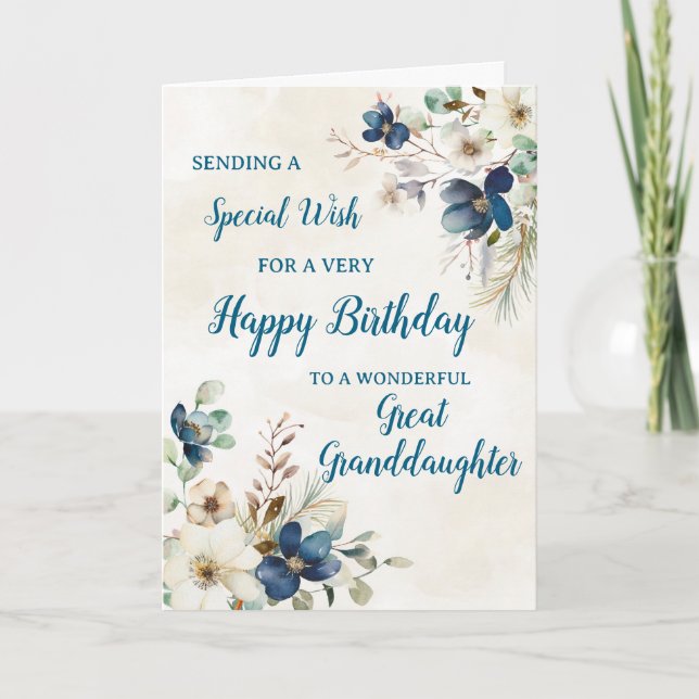 Blue Floral Great Granddaughter Birthday Card (Front)