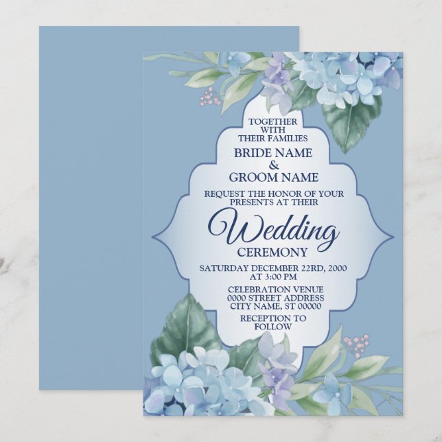 Blue Floral Green Leaves Frame Elegant Wedding Invitation (Front/Back)