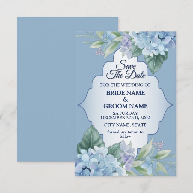 Blue Floral Green Leaves Frame Elegant Wedding Save The Date (Front/Back)