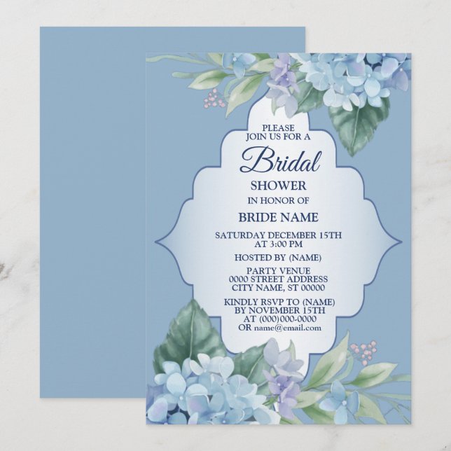 Blue Floral Green Leaves Wedding Bridal Shower Invitation (Front/Back)