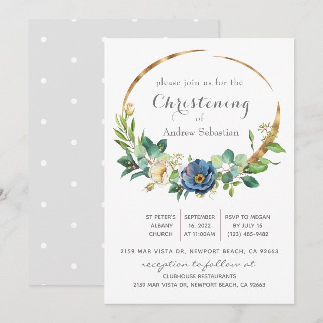 Blue Floral Greenery Baptism Boy  Invitation (Front/Back)