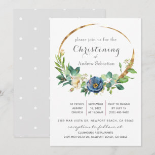 Blue Floral Greenery Baptism Boy Invitation