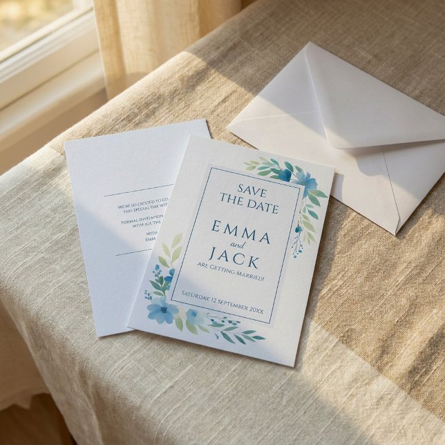 Blue floral greenery elegant wedding save the date (Blue floral greenery elegant wedding save the date.)