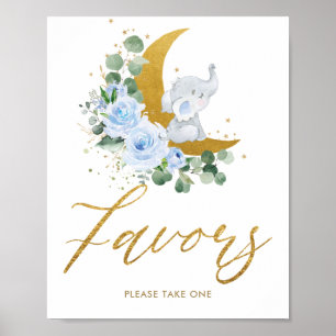 Blue Floral Greenery Elephant Crescent Moon Favour Poster