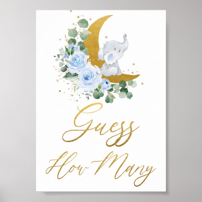 Blue Floral Greenery Elephant Guess How Many Sign (Front)