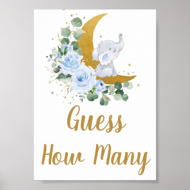 Blue Floral Greenery Elephant Guess How Many Sign (Front)