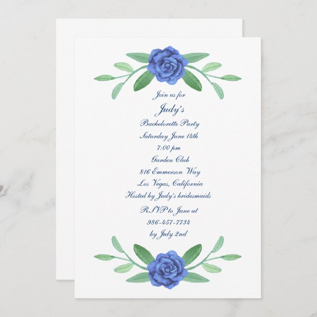 Blue Floral Greenery Foliage Bachelorette Party Invitation (Front/Back)