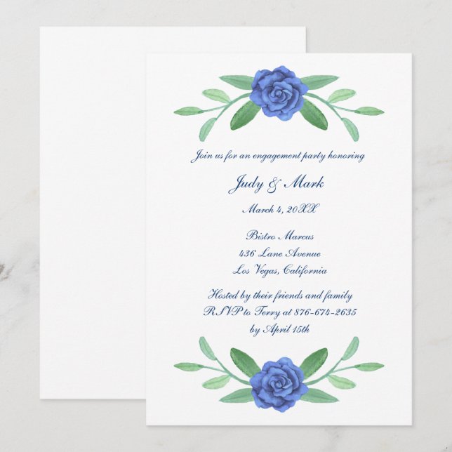 Blue Floral Greenery Foliage Engagement Party Invitation (Front/Back)