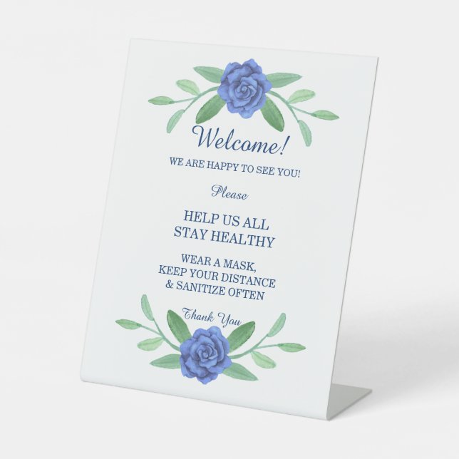 Blue Floral Greenery Foliage Wedding Safety Pedestal Sign (Front)