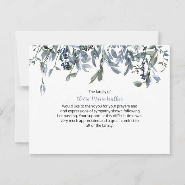 Blue Floral Greenery Funeral Script Thank You Card (Front)