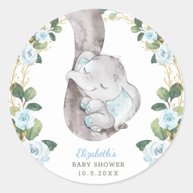 Blue Floral Greenery Gold Baby Elephant Shower Classic Round Sticker (Front)