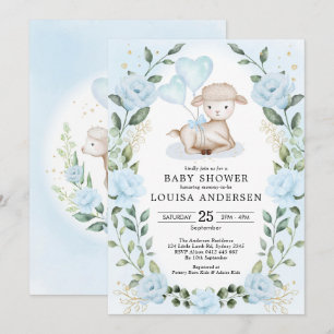 Blue Floral Greenery Little Lamb Baby Sheep Shower Invitation