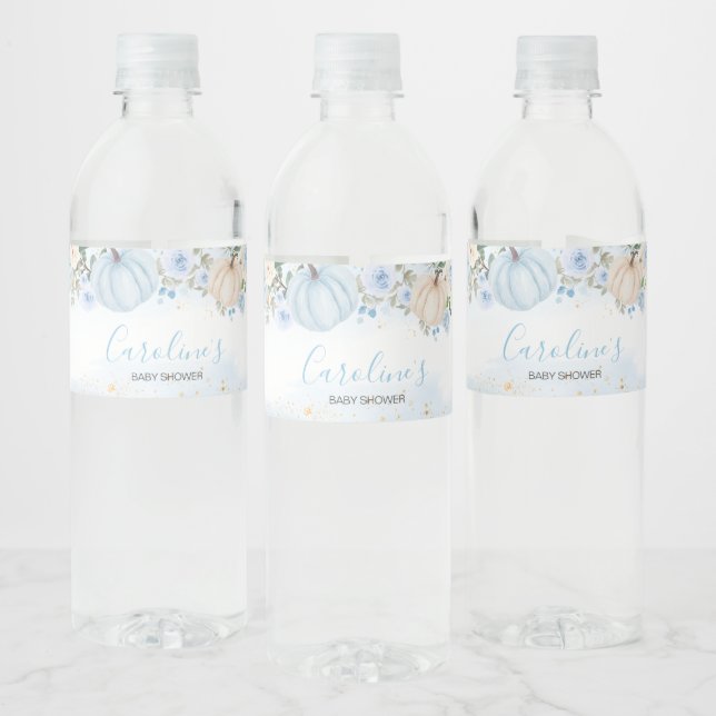 Blue Floral Greenery Little Pumpkin Baby Shower Water Bottle Label (Bottles)