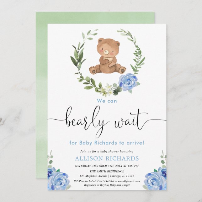 Blue floral greenery teddy bear boy baby shower invitation (Front/Back)