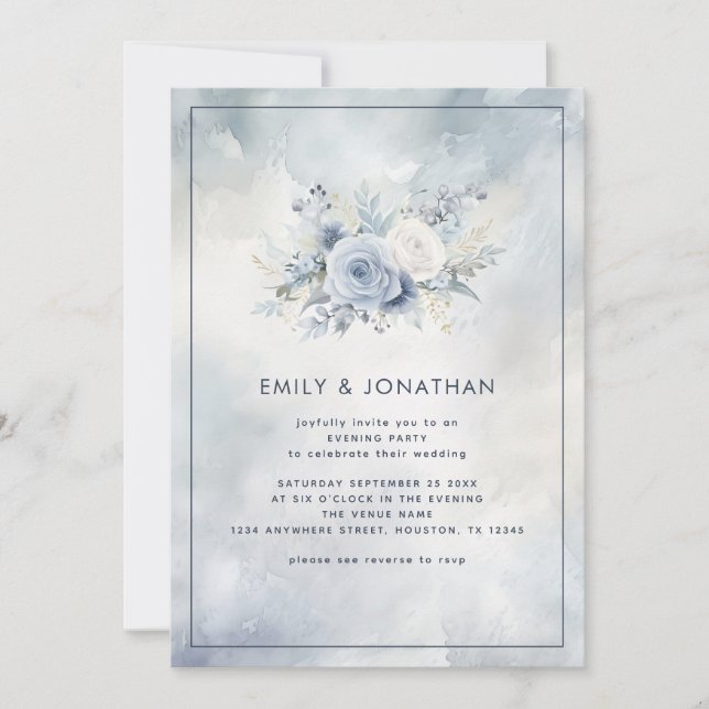 Blue Floral Grey Watercolor Wedding Evening Invite (Front)