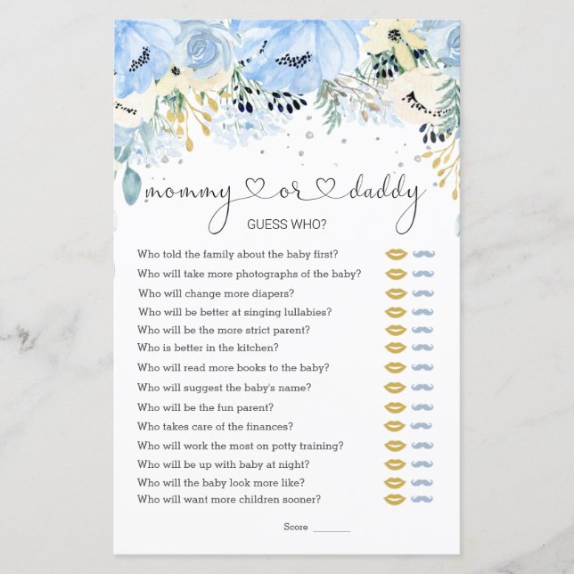 Blue Floral Guess Who Baby Shower Games Flat Paper (Front)