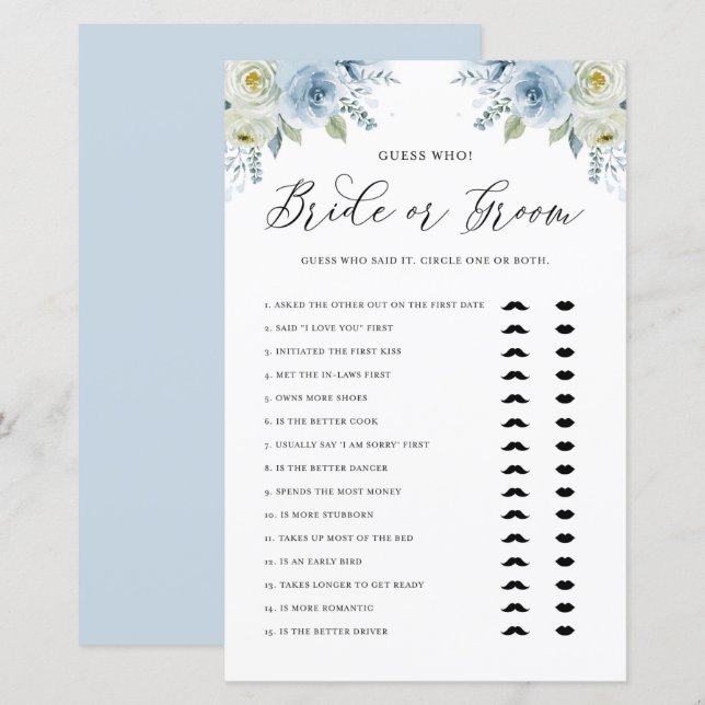 Blue Floral Guess Who Bride or Groom Shower Game (Front/Back)