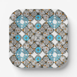 Blue Floral Hand Drawn Black Ink Doodle Paper Plate